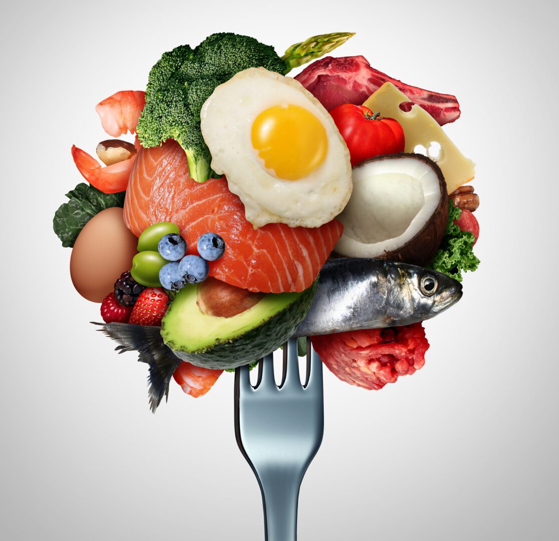 Eating Ketogenic Food Eating ketogenic food and Keto nutrition lifestyle diet low carb and high fat meal as fish nuts eggs meat avocado and other healthy ingredients as a therapeutic snacks on a fork with 3D illustration elements.