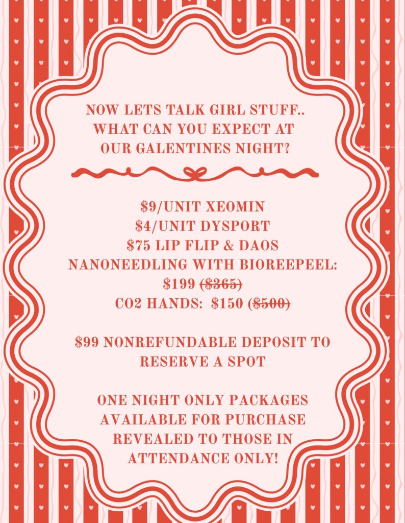 Galentine’s Day spa event menu with injectable, laser, and skincare specials at Pure Image Laser and Spa in Indianapolis