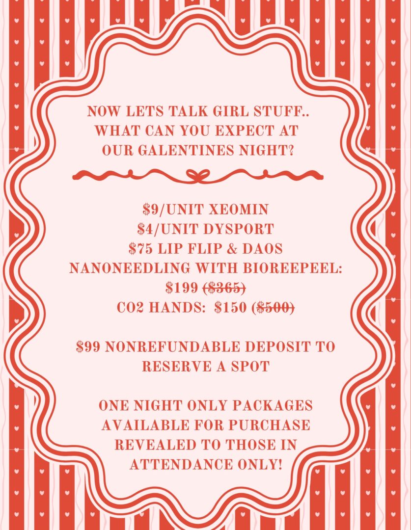 Galentine’s Day spa event menu with injectable, laser, and skincare specials at Pure Image Laser and Spa in Indianapolis