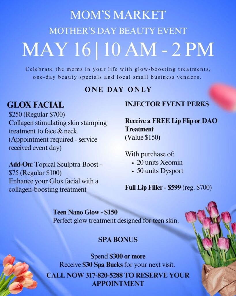 Mom’s Market Mother’s Day Beauty Event flyer at Pure Image Laser and Spa in Indianapolis
